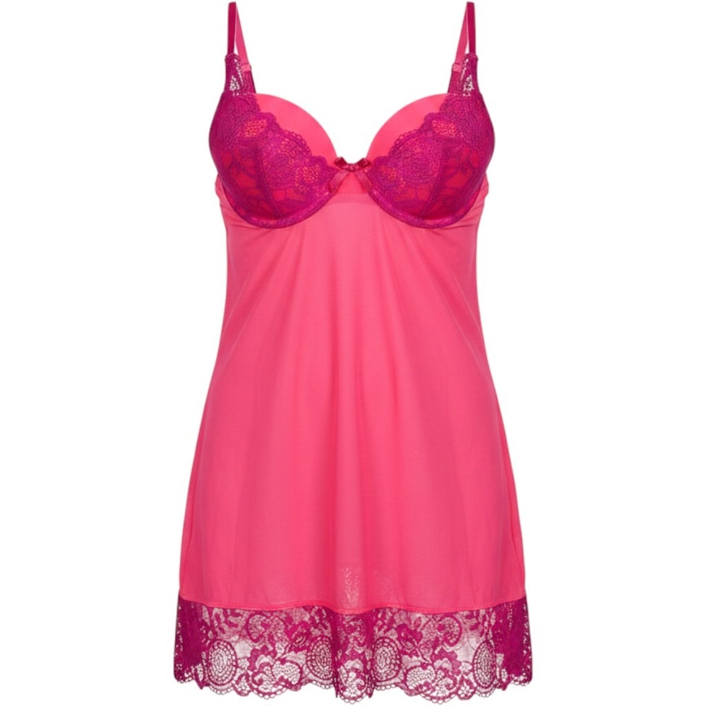 Victoria's Secret Neon Pink Lace Trim Babydoll Chemise Lingerie‎ 34B Underwire